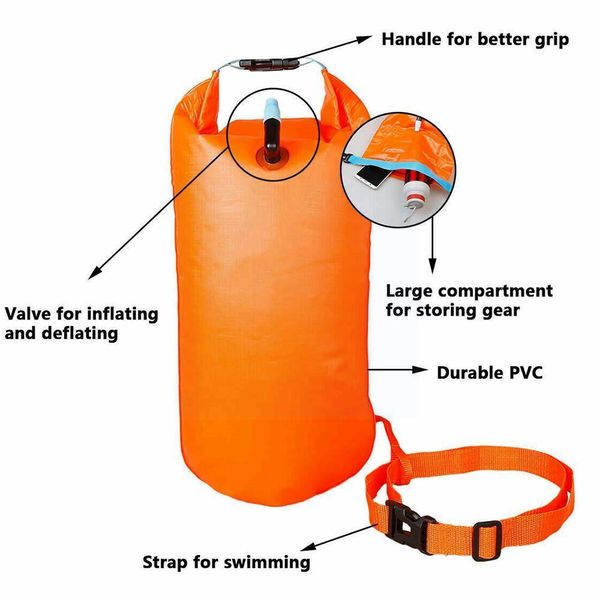 1pc Inflable abierta boya de natación remolque Flotador Bolsa seca Bolsa de aire doble con cinturón de cintura para natación Sport Sport Storage A4H4