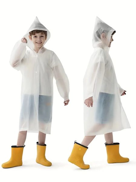 Manteau imperméable à capuche réutilisable EVA blanc pour enfants, 1 pièce, pour garçons et filles en plein air, adapté aux enfants de 6 à 10 ans