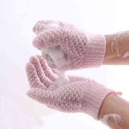 1 unid coreano sólido poliéster tejido elástico dedo completo jacquard doble cara fregado toalla sloves mujeres baño guante M97 J220719