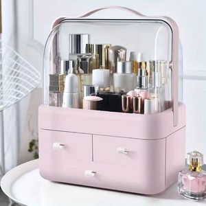 Boîte de rangement cosmétique de grande capacité 1pc avec tiroir à poussière - Organisateur multi-grilles pour les produits de maquillage et de soins de la peau