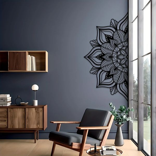 1 pieza de decoración de pared de Mandala de Metal grande, arte de pared de flores único, negro, adecuado para cocina, baño, arte, pasillo de baño 240304
