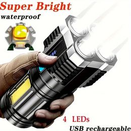 1pc LED-zaklamp, krachtige 4 LED-zaklamp met COB-zijlicht, 4 modi USB oplaadbare LED-zaklamp, waterdichte ingebouwde batterijzaklamp, kampeergereedschap