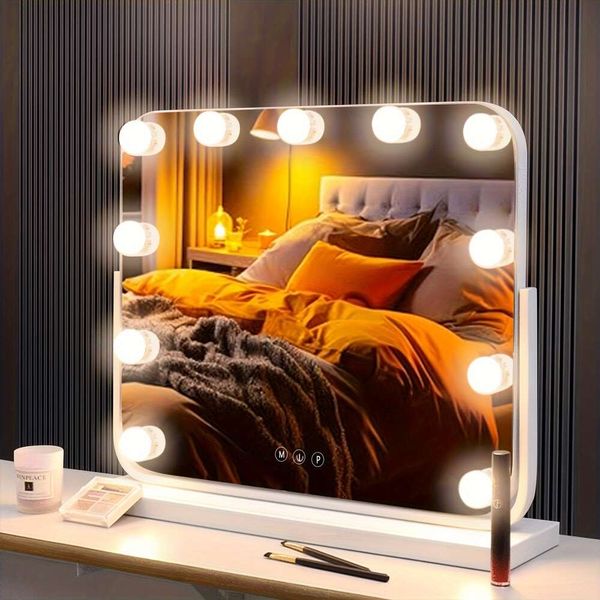 1 pièce de maquillage LED avec lumières, coiffeuse de bureau de chambre à coucher éclairée, miroir de courtoisie réglable rotatif à 360 °, miroir décoratif pour usage commercial et domestique