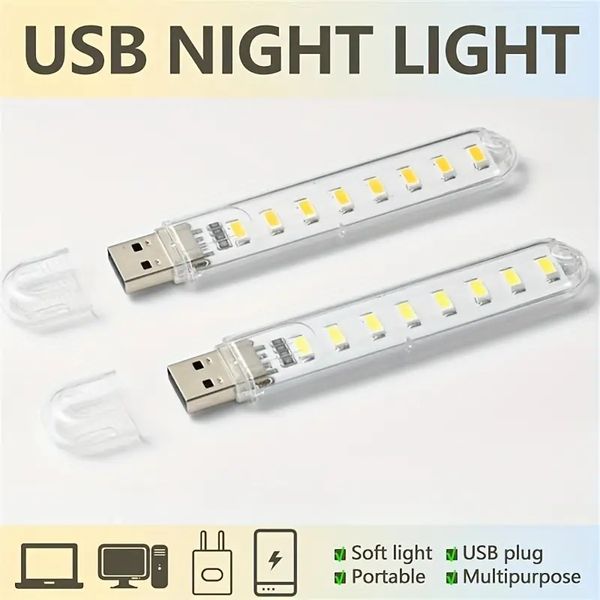 Luz de noche LED de 1pc, enchufe USB mini luces de libro Luz de decoración de dormitorio de 8 lámparas de escritorio de lectura portátiles para la computadora portátil iluminación del teclado