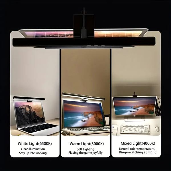 Luz colgante de pantalla LED de 1 pieza, luz de escritorio de pantalla de computadora portátil de PC, lámpara de mesa de barra de pantalla, luz de lectura de estudio de oficina de trabajo para monitor LCD con atenuación continua de 3 colores