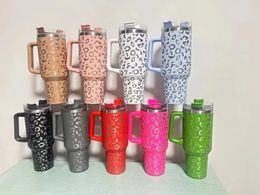 1pc léopard 40 oz bouteilles d'eau avec poignée et paille en acier inoxydable isolé tasse de voyage gobelet grande capacité tasses garder les boissons froides