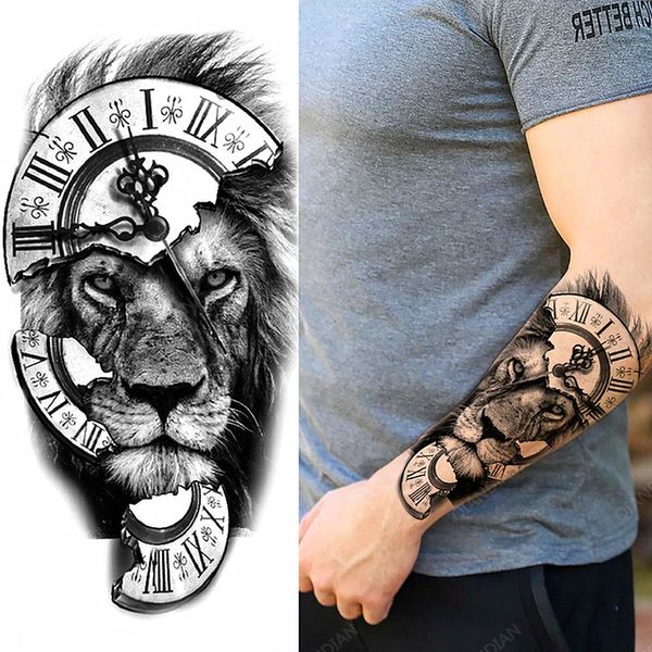 1pc lion hommes imperméables tatouages temporaires faux autocollants bras art cool art noir transfert horloge 240418