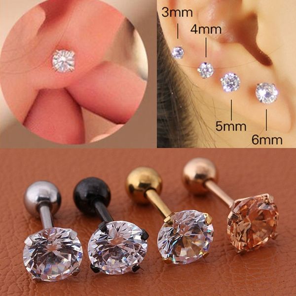 1 pc/lot taille 6mm 4 couleurs Punk médical inoxydable titane acier aiguille Zircon cristal boucles d'oreilles pour hommes femmes fête