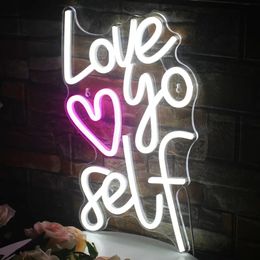 1pc Love Yourself Neon Sign, pour la décoration murale, CLUB Party Neon Light, Shop Home Chambre Cave Atmosphère LED Neon Light, Tenture murale Lampes cadeaux d'anniversaire