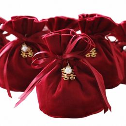 1pc luxe emballage cordon Veet pochette Sachet sac cadeau pour bijoux boîtes de bonbons de mariage avec chaîne de perles décor faveurs sacs j6mk #