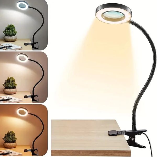 Lupa de 1 unidade com luz, lâmpada de fixação, lâmpada de mesa LED com luz de braçadeira, lâmpada de ampliação Luz de mesa LED, lâmpada de fixação, lâmpadas de fixação para artesanato de trabalho de mesa de cama