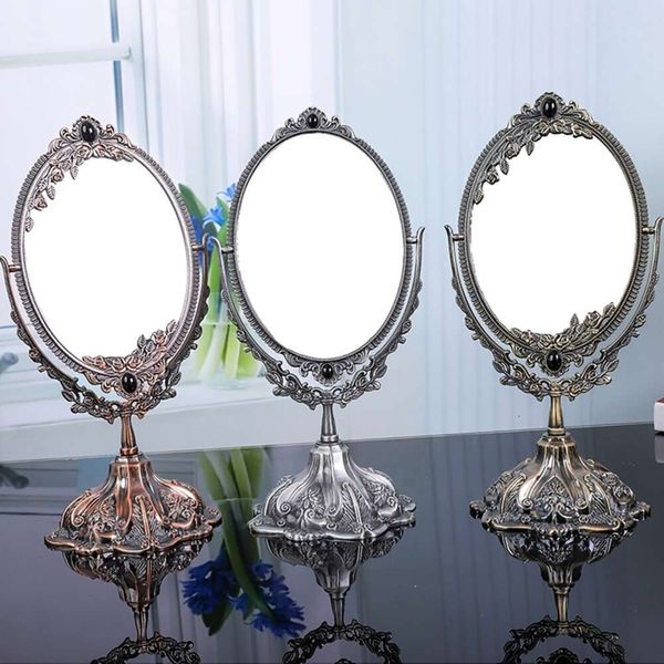 1 miroir décoratif antique de bureau en métal, maquillage double face rotatif vintage avec cadre, miroir de courtoisie ovale de table pour salle de bain chambre
