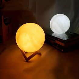 1 lampe de lune, petite veilleuse, lampe de chevet de chambre à coucher, lampe de lune LED 3D, veilleuse en forme de lune avec support, lampe de table d'ambiance décorative