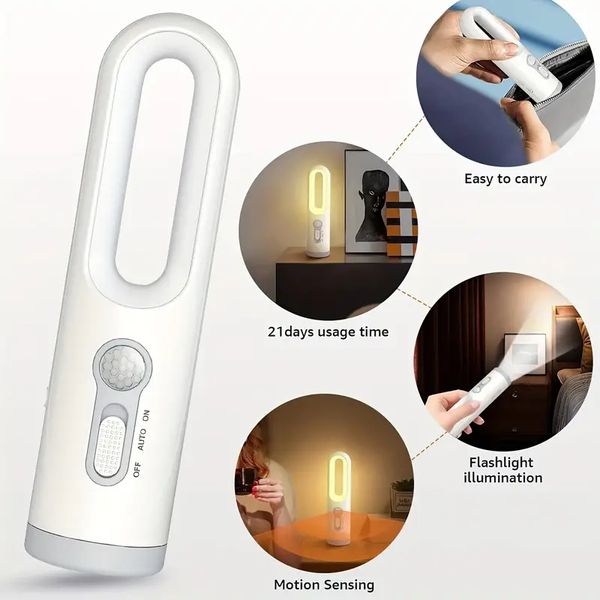 Luz nocturna con sensor de movimiento de 1 pieza, luz nocturna LED portátil recargable, con linterna con sensor de atardecer a amanecer, para dormitorio, baño, guardería, inodoro, lectura, camping