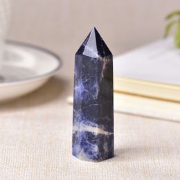 1 pc Natural Crystal Point Sodalite Stone Healing Obelisk Blue Quartz Wand Ornament for Home Decor Reiki Energy Stone Pyramid