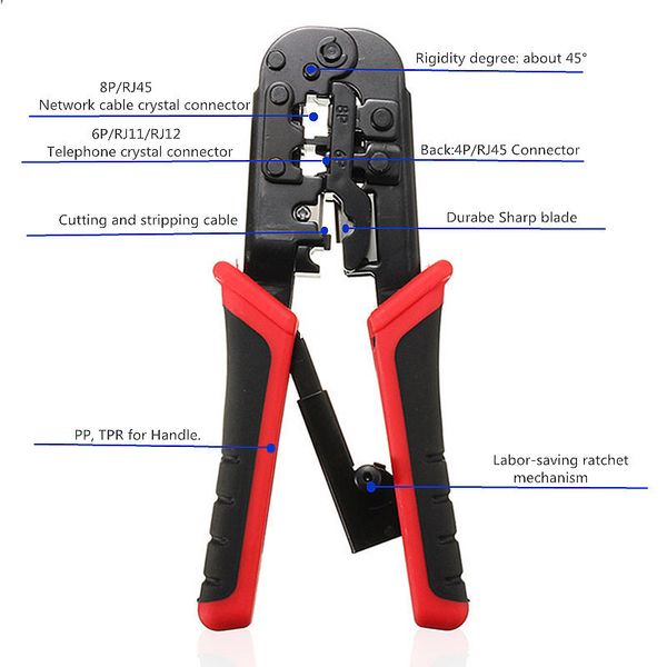 Alicates de prensado de red 1PC Cable aislado Multifuncional Ethernet Cable de red Crimp Tool LAN Crimper Cutter Alicates Herramienta de mano Y200321