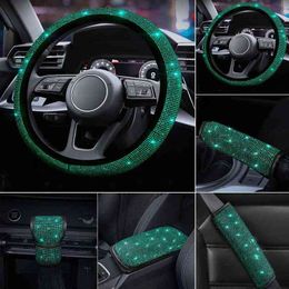 1pc Olive Green Car Steering Wheel Cover Accessoires Dames Bling Rhinestones Set Interieur Auto Decor Styling Luxe Emerald Series Y220422