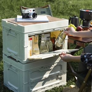 1pc buitendoos, bak met grote capaciteit, zijopeningsdeuren, opvouwbare container, voor opslag van kampeerpicknickbenodigdheden, opbergdoos met houten deksel