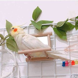 1pc Huisdier Bird Spiegel Houten Speel Speelgoed met Toppositie voor Papegaai Budgies Paraket Cockatiel Conure Finch Dwergbird Cage Supplies