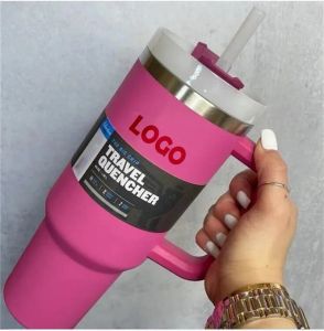 1pc Pink 40oz stainless steel tumbler with Logo handle lid straw big capacity mug water bottle powder coating outdoor camping cup vacuum insulated drinking