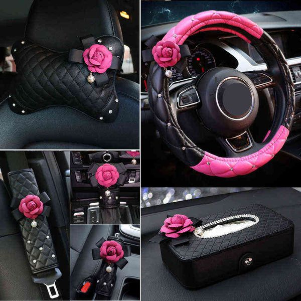 1 PC Roze Roos Bloem Lederen Stuurhoes Auto Hoofdsteun Ondersteuning Handrem Versnellingspook Cover Crystal Auto-interieur Accessoires Y220422