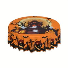 1 Stück, Polyester-Tischdecke, Kürbis-Schloss-Geist, runde Tischdecke, geprägter Rand, Halloween-Thema, Kürbis-Geist, bedruckte Tischdecke, schmutzabweisend, wasserdicht,