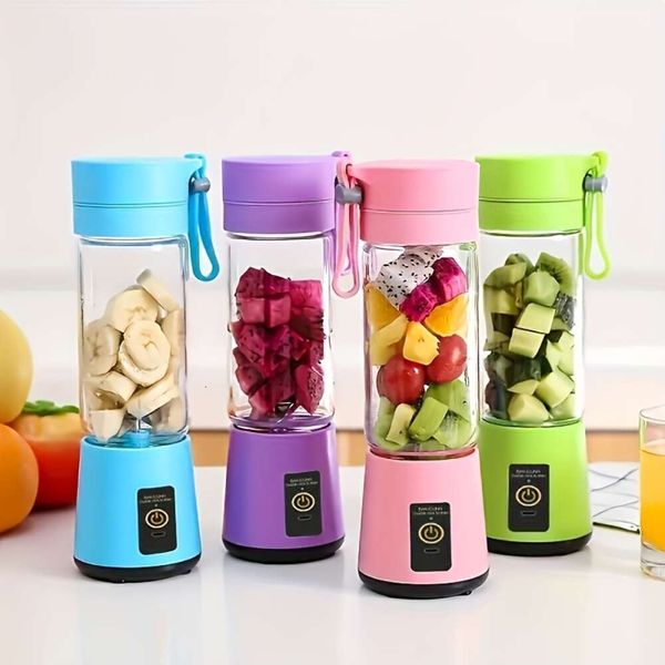 1 licuadora de jugo portátil y con batería recargable por USB, 6 cuchillas para batidos, jugos, batidos, leche, frutas y verduras, mini vasos exprimidores incluidos