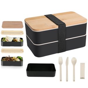 1 pc draagbare lekbestendige houten lunchbox met servies - Japanse stijl Bento Box perfect voor schoolvissen en kamperen 240429