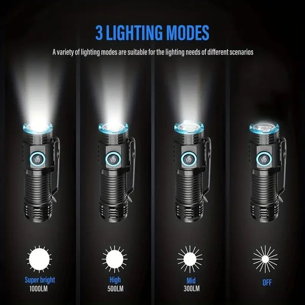 1pc Mini lampe de poche LED XHP50 portable, torche extérieure puissante, lumière rechargeable USB 16340, petites lampes de poche domestiques étanches, 3 modes Camping pêche