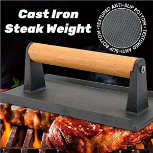 1 poids de gril en fonte pré-assaisonné, presse à steak robuste avec grilles à manche en bois, plaques plates, gadget parfait pour bacon, paninis, sandes