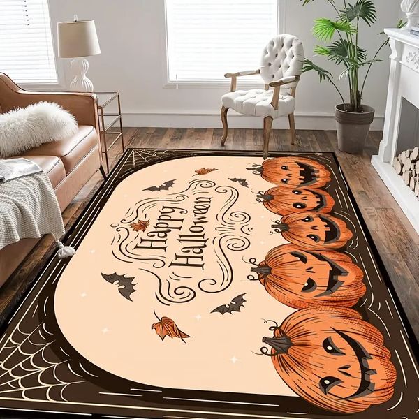 1 alfombra de Halloween con patrón de demonio de calabaza: antideslizante, fácil de limpiar y resistente a la suciedad para sala de estar, dormitorio, sala de juegos, área de oficina, decoraciones de Halloween de otoño