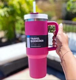 1Pc Klaar voor verzending 40oz Hot Pink Tumblers Cups Mokken met handvat Geïsoleerde Tumblers Deksels Stro Roestvrij staal Koffie Thermos Cup E1026