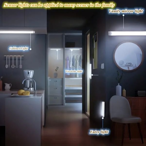 Tira de luz LED con sensor de movimiento recargable de 1 pieza, para gabinetes, cocinas, escaleras, pasillos, armarios, con cable de carga, decoración del hogar con succión magnética (luz blanca)