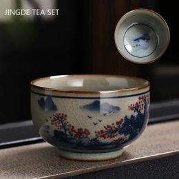 1pc rétro bleu et blanc porcelaine tasse à thé à la main en céramique bol à thé voyage méditation tasses chinois service à thé accessoires 140ml 240315