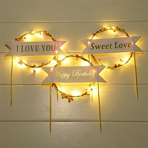 1 pc romantique LED guirlande lumineuse vigne joyeux anniversaire carte Insertion ILOVEYOU décoration drapeau Topper gâteau décoration outils 220429