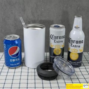 1 pk monster 4 in 1 sublimatie rechte tuimelaar 16oz roestvrij staal kan koeler met 2 deksels 1 plastic stro en bier cola koeler dubbel