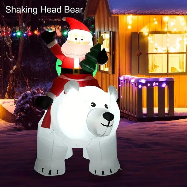 1 pièce, décorations gonflables de Noël en forme d'ours polaire secouant la tête, père Noël assis sur un ours polaire avec une lumière LED brillante, décoration de cour gonflable pour Noël intérieur et extérieur