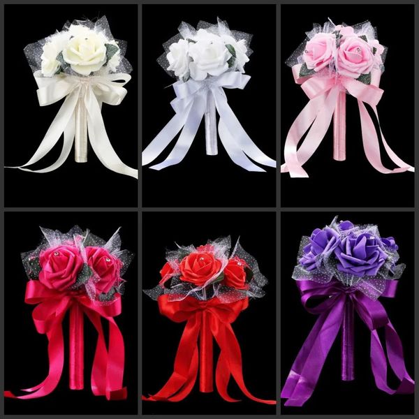 Bouquet de Roses en mousse à Six têtes, 1 pièce, ruban de soie, strass faits à la main, broche de demoiselle d'honneur, décor de mariage, 7 couleurs, 240228