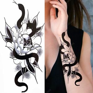 1 pc Serpent Fleur Femmes Étanche Temporaire Tatouages Autocollants Bras Manches Art Hipster Noir Crâne