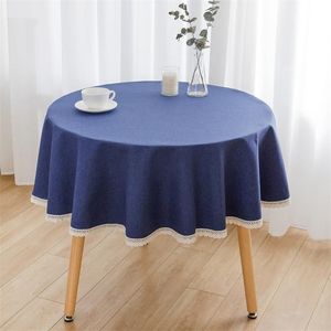 1PC nappe ronde de couleur unie avec dentelle coton lin bleu/rouge/gris/rose tissu mariage salle à manger thé décoration couverture 211103