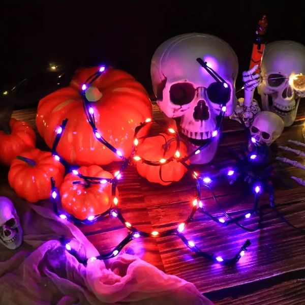 1 pieza de luces decorativas de hierro de araña, alimentadas por batería, luces de cadena de hadas para dormitorio, fiesta en casa, luces de árbol de jardín, decoraciones de Halloween para jardín al aire libre (naranja y morado)