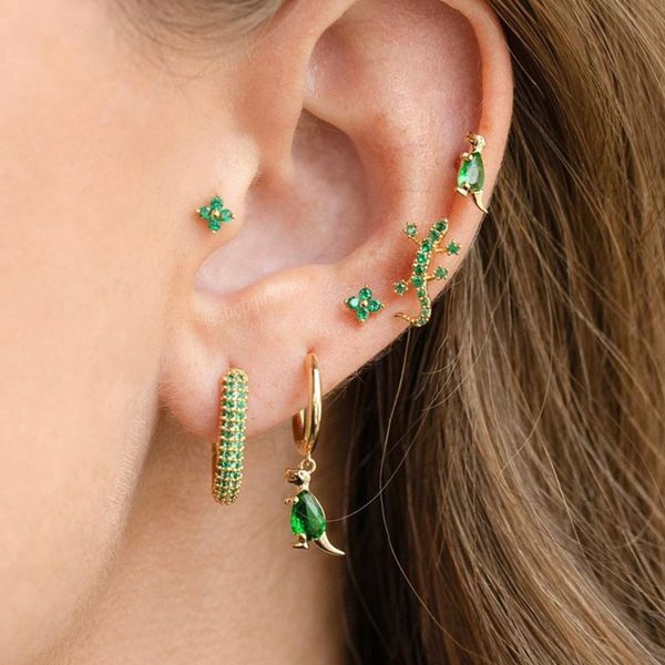Boucles d'oreilles en acier inoxydable pour femmes, 1 pièce, cristal vert, zircone, petit cerceau, clous d'oreilles uniques, Piercing de Cartilage, bijoux
