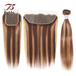 Tissage en lot naturel Bobbi 231220, cheveux lisses, reflets droits, mélange de couleurs brunes et blondes, fermeture frontale transparente, partie libre, 1 pièce