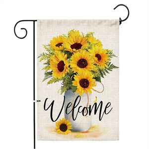 1pc, Arrangement de tournesol Vase Welcome Garden Flag Double Face, Burlap Summer Fall Farmhouse Outdoor Welcome Garden Decor, Small Garden Flag 12x18inch