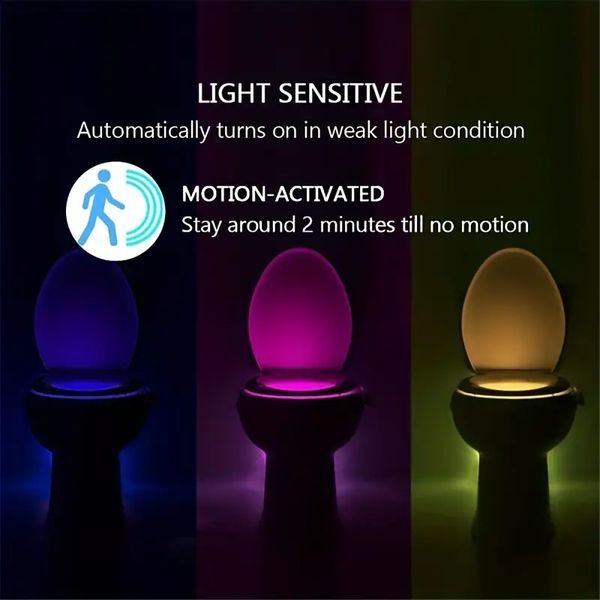 Luz nocturna con sensor de movimiento para inodoro de 1 pieza, luz de detección de baño de 8/16 colores, luz LED inteligente para baño, movimiento corporal, asiento activado, luz nocturna con detección arriba/abajo