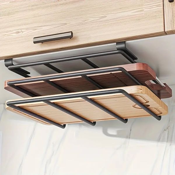 1 support de séchage pour planche à découper suspendue sous l'armoire, support de rangement pour planche à découper à 2 niveaux en acier inoxydable, organisateur de rangement sous placard