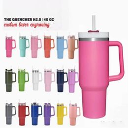 1pc stock estadounidense 40oz de acero inoxidable de color rosa fuerte con mango colorido y paja aislable viajar aislando vaso grande capacidad de botella de agua GG1109 0425