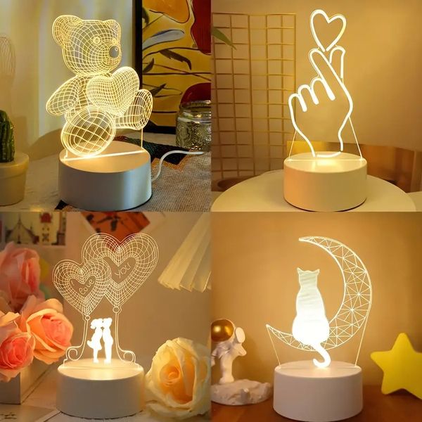 1 veilleuse 3D alimentée par USB, lampe de table à illusion LED, pour filles et femmes, cadeau d'anniversaire pour la fête des mères, course, chat, football, violon, amour, veilleuse à motif petit ours