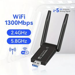 Adaptador WiFi USB de 1 pieza Tarjeta de red inalámbrica de 1300 Mbps, adecuada para computadora de escritorio Dongle WiFi 3.0 con antena, tarjeta WiFi de doble banda de 2,4 GHz y 5 GHz
