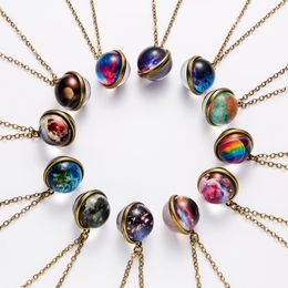 1PC Vintage coloré galaxie univers pendentif rond collier lueur dans le noir boule de verre chaîne en métal tour de cou mode bijoux cadeau
